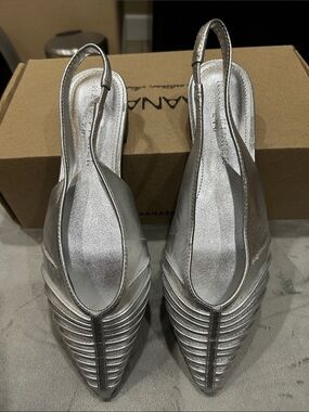 Marc Fisher Silver Pointed Slingback Mules with Textured Front